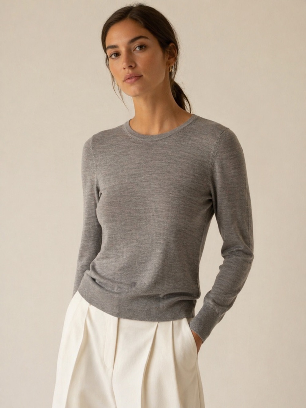 2 KATAYONE ADELI Vintage 100% Silk Light Gray Crewneck | Minimalist Luxe Small
